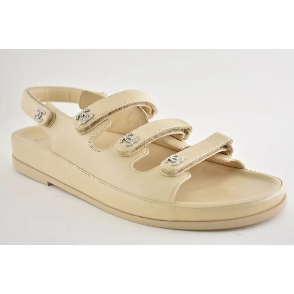 Chanel 24S Beige Leather Triple Strap CC Logo Mule Slide Teva Dad Sandal Flat 41